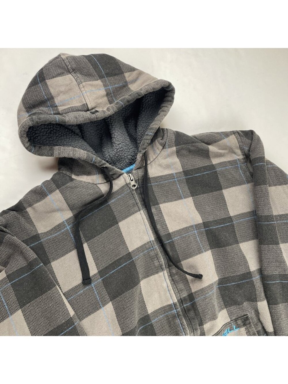 O'NEILL Hoodie Jacket Men’s M Sherpa Lined Full Zip Charcoal Grey Plaid Bomber